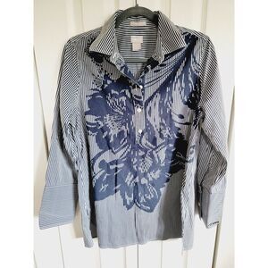 Chicos 0 No Iron Top Blue White Striped Long Sleeve Button Front Floral   Size S